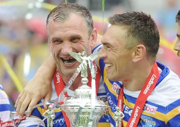 Jamie Peacock and Kevin Sinfield celebrate winning this year's Challenge Cup Final.