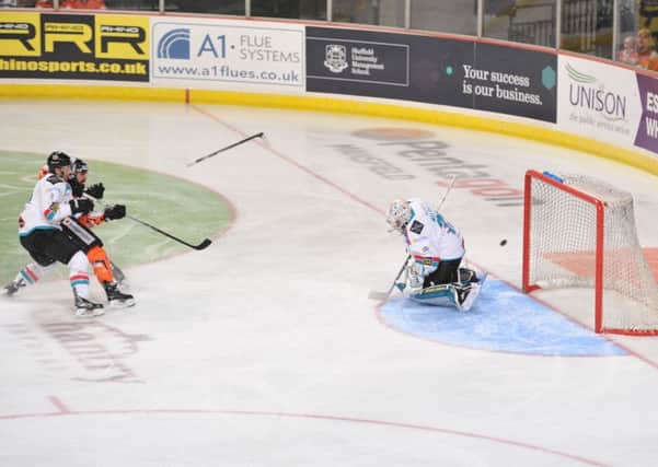 Mathieu Roy scores his first goal against Belfast Giants in Saturday night's 6-1 win for Sheffield Steelers. Picture: Dean Woolley.