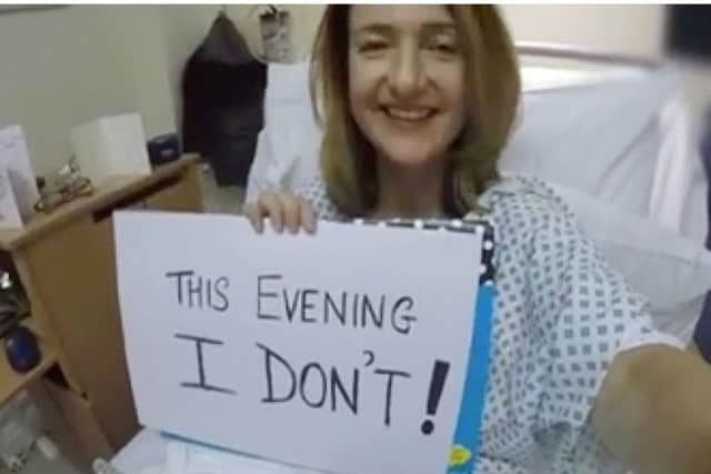 Screen grabbed images taken from a video diary posted on the Facebook page of Victoria Derbyshire after a mastectomy.