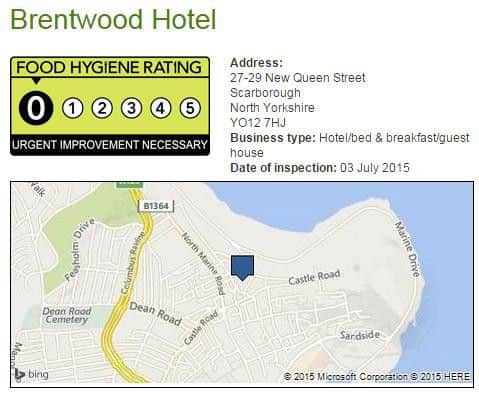 The hotel has a zero food hygiene rating