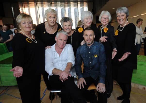 The Calendar Girls meet Gary Barlow and Tim Firth after the rehearsals of the Girls musical in London. Picture by Simon Hulme