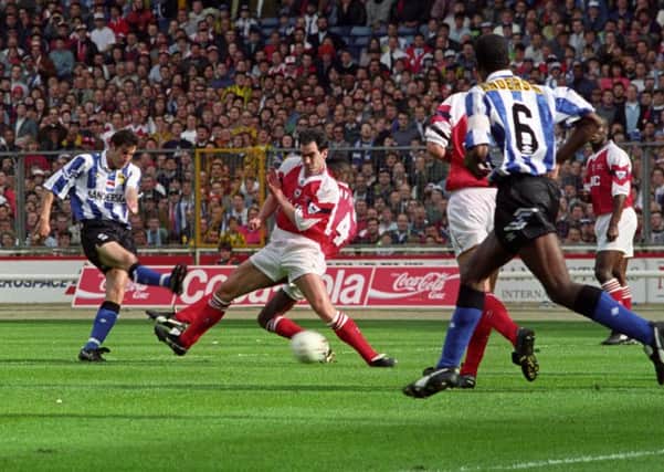 John Harkes strikes the ball home to give Sheffield Wednesday an eighth minute lead in the 1993 League Cup final.