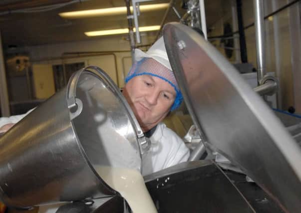 John Adamson, dairy manager at Brymor Dairy Ice Cream, adding the ice cream mix into the vat.