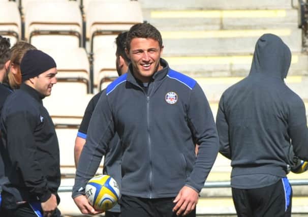 Sam Burgess training with his Bath team mates, as Bath train with Wigan Warriors at the Warriors training ground, Orrell.