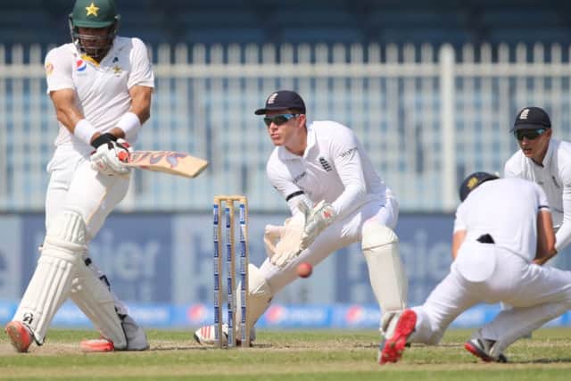 Yorkshire's Jonny Bairstow keep wicket as Pakistan's Captain Misbah-Ul-Haq plays a shot. AP Photo/Kamran Jebreili.