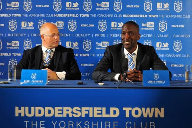 WELCOME: Huddersfield Town chief excecutive Nigel Clibbens, left, with Chris Powell on the day of his appointment as manager in September last year. Picture: Tony Johnson.