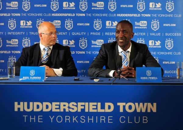 WELCOME: Huddersfield Town chief excecutive Nigel Clibbens, left, with Chris Powell on the day of his appointment as manager in September last year. Picture: Tony Johnson.