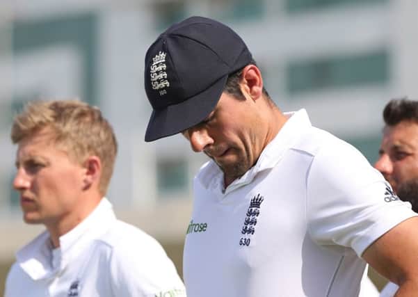 HEAD DOWN: England captain Alistair Cook during the presentation ceremony after Pakistan win the series 2-0. Picture: AP.