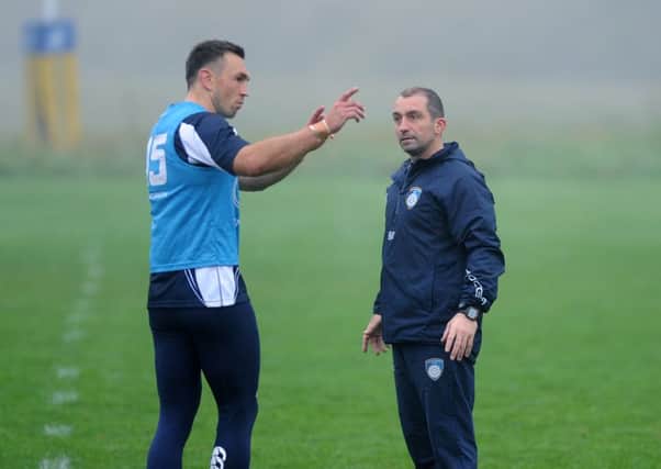 Kevin Sinfield training session with Yorkshire Carnegie, chatting to Head Coach Bryan Redpath.