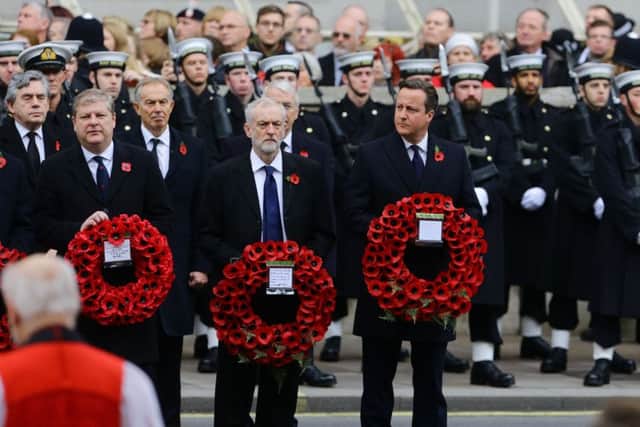 Labour party leader Jeremy Corbyn (centre) alongside Prime Minister David Cameron (right) with former Prime Minister's Gordon Brown (back left) and Tony Blair (back right) during the annual Remembrance Sunday service at the Cenotaph memorial in Whitehall, central London, held in tribute for members of the armed forces who have died in major conflicts. PRESS ASSOCIATION Photo. Picture date: Sunday November 8, 2015. See PA story MEMORIAL Remembrance. Photo credit should read: Gareth Fuller/PA Wire