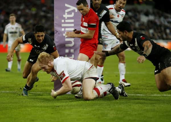 NO GO: England's James Graham is judged to have failed to ground the ball and his 'try' is not given by the video officials, setting up a winner-takes-all clash with New Zealand at Wigan on Saturday. Picture: Paul Harding PA.