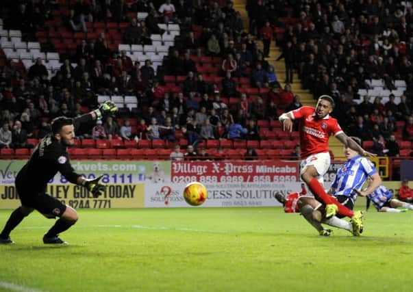 Fernando Forestieri scores consolation goal at The Valley on Saturday. Picture: Steve Ellis.