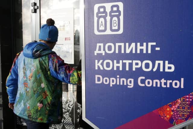 A sign reading doping control, at the Laura biathlon and cross-country ski center, at the 2014 Winter Olympics