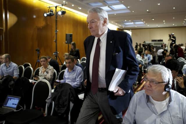 Canadian Richard Pound, Chairman of WADA's (World Anti-Doping Agency) Independent Commission arrives for a press conference about the Commission's Report