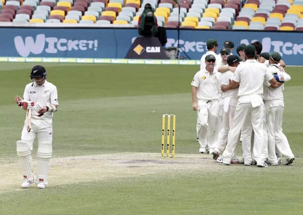 New Zealand's Trent Boult, left, walks off the field as Australian players celebrate victory on day five of the first Test in Brisbane. Picture:  AP/Tertius Pickard.