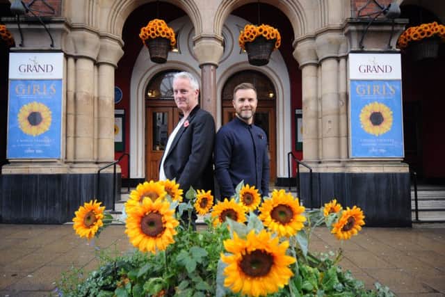 Tim Firth and Gary Barlow outside the Grand Theatre, Leeds, which will stage the premiere of The Girls musical