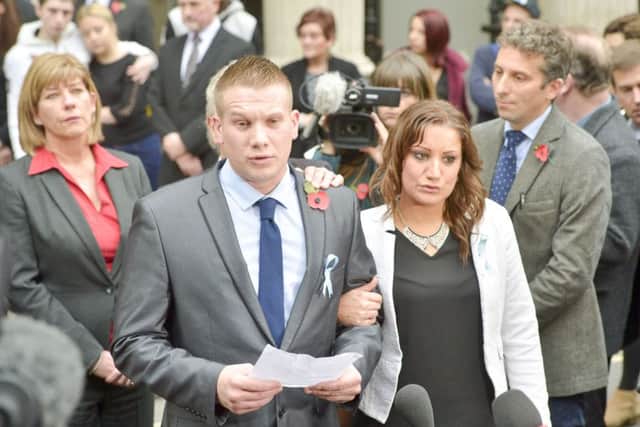 The uncle and aunt of murdered schoolgirl Becky Watts, Sam Galsworrthy and Sarah Broom, stand together as they issue a statement outside Bristol Crown Court