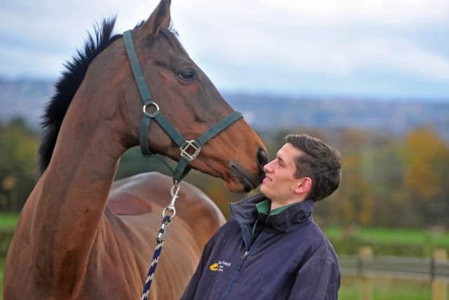 Jonathan England, in the yard at Guiseley with Distime who he piloted to victory at Sedgefield during the week.