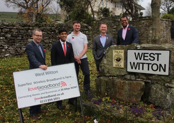 Launching the West Witton Community Broadband (L-R): David Burns from I Love Broadband, Rishi Sunak MP, Dr Graham Bottley of West Witton Parish Council, Harry Panther of Airwave and Fernando Paquete from BDUK.