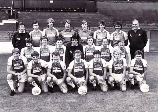Rotherham United Football Club - 7th August 1985: l/r back row are Phil Henson, Andrew Barnsley, Kevan Smith, Steve Conroy, Kelham O'Hanlon, Mike Trusson, Mike Pickering, Barrie Claxton (Assistant Manager).
Middle row: Gerry Forrest, Terry Donovan, Tony Simmons, Norman Hunter (Manager), Tommy Tynan, Mick Martin, Phil Crosby.
Front row: John Dungworth, Willie Raynes, Dean Emerson, Alan Birch, Daral Pugh, Ian McInnes and Mick Gooding.