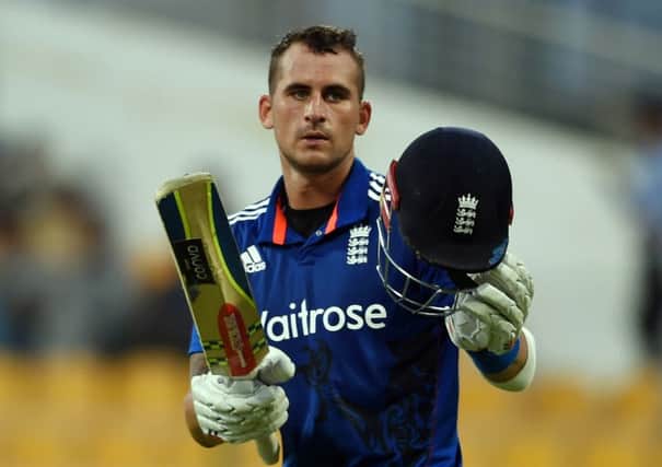 England's Alex Hales celebrates reaching his century against Pakistan in the second ODI on Friday . AP/Hafsal Ahmed