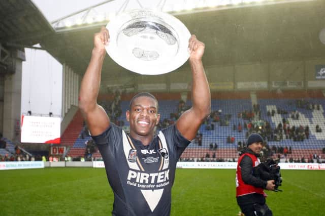 England's Jermaine McGillvary lifts the Baskerville Shield after winning the series following the International Test Series match at the DW Stadium, Wigan.