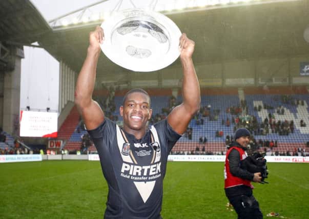England's Jermaine McGillvary lifts the Baskerville Shield after winning the series following the International Test Series match at the DW Stadium, Wigan.