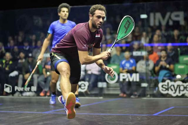 Ramy Ashour, right, on his way to a first round victory. Picture kindly supplied by squashpics.com