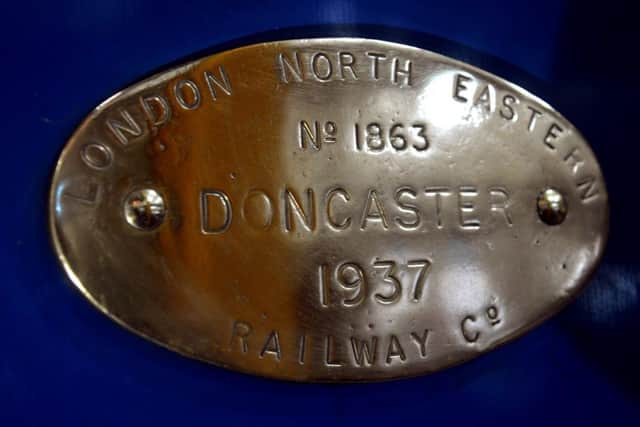 The plate on the steam engine Sir Nigel Gresley  showing the year it was built in Doncaster