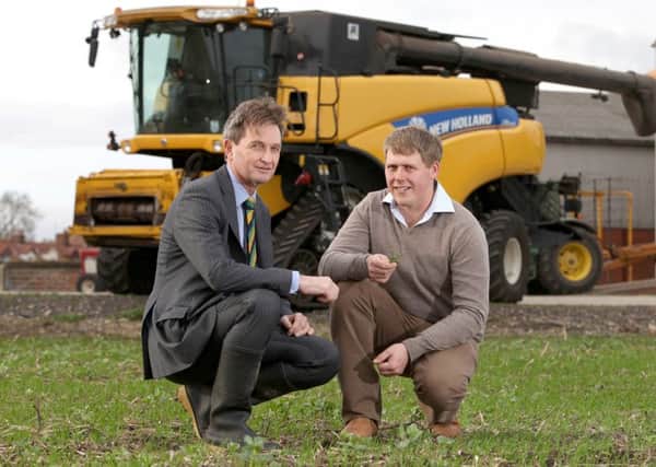(L-R): Nigel Pulling, chief executive of the Yorkshire Agricultural Society with Nuffield scholar, Richard Hinchliffe, at Richards farm near Doncaster as he begins his studies.