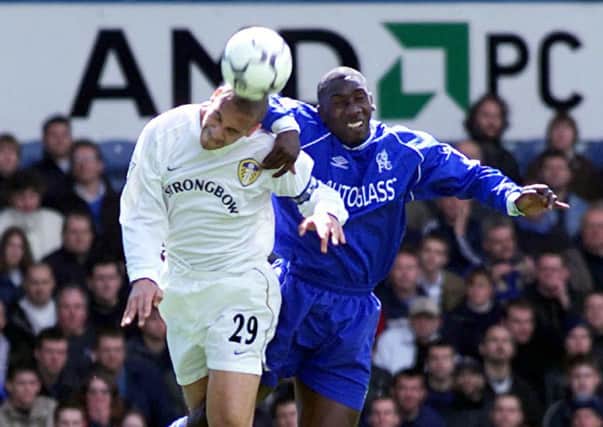 Leeds United's Rio Ferdinand (left) wins a header over Chelsea's Jimmy Hasselbaink. Picture: Martin Rickett