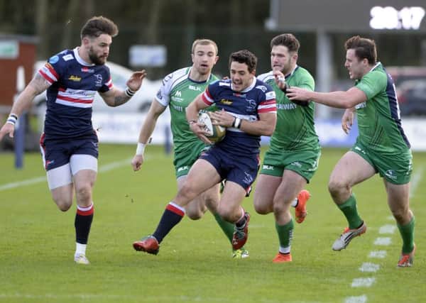 Doncaster Knights' Paul Jarvis on the run with the ball against Connacht. Picture: Sarah Washbourn.
