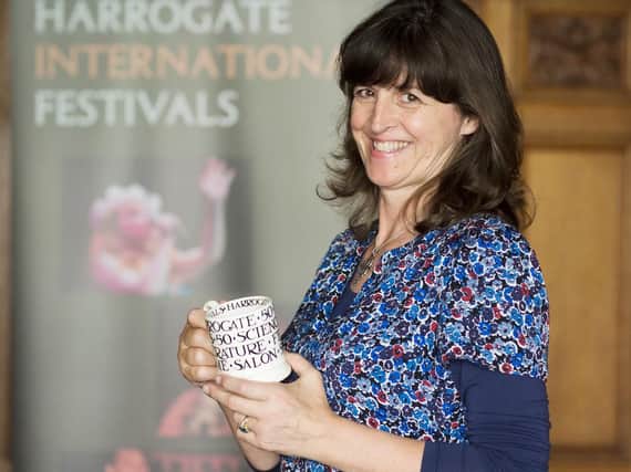 Emma Bridgewater with the limited edition Harrogate International Festivals' mug.