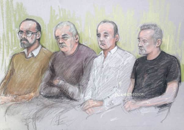 Court sketch by Elizabeth Cook of (left to right) Carl Wood, William Lincoln, Jon Harbinson and Hugh Doyle at Woolwich Crown Court