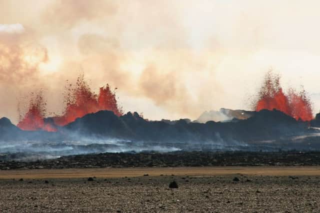 Fountains of lava during the Holuhraun flood basalt eruption in Iceland in September 2014, as new study has poured cold water on the theory that fiery volcanic eruptions rather than a meteor impact killed off the dinosaurs.