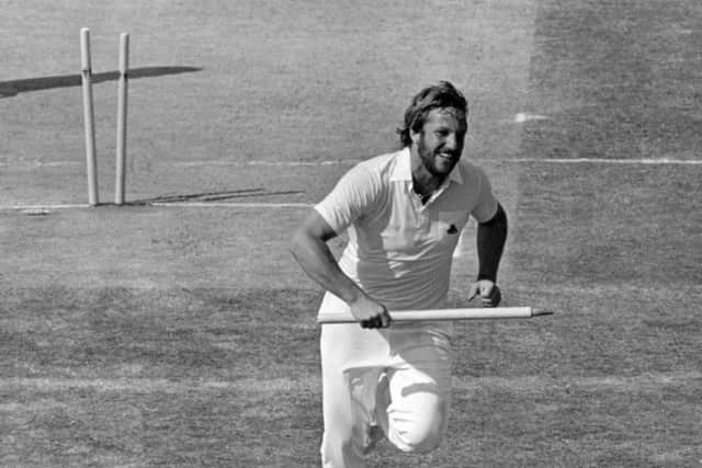 Ian Botham as he races back to the pavilion after snatching up a stump following England's victory during the fourth Test match against  Australia at Edgbaston in 1981. Picture: PA