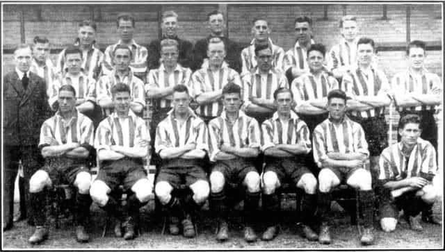 The Sheffield United team featuring the prolific Jimmy Dunne. Back row, from left: G MacGinley, Pat Carrigan, Jack Smith, Jack Kendall, Harry Hooper, Bill Anderson, Jock Gibson. Middle: Secretary/manager Ted Davison, Jim Holmes, Bertie Williams, Tommy Sampy, George Hall, Jimmy Dunne, A Stuart, Percy Thorpe, George Green, Wilf Adey. Front: Bernard Oxley, Harry Gooney, Bobby Barclay, Mick Killhoury, Robert Oswald, Fred Tunstall, Fred Cheesemur.