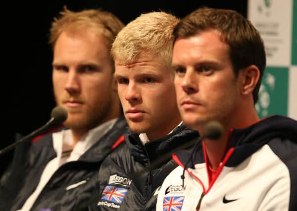 Great Britain's Dom Inglot, Kyle Edmund and Captain Leon Smith at a press conference at the Flanders Expo Centre, Ghent.