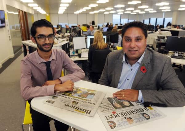 Ismail Mulla with Gurdev Singh of the Printing Charity in the newsroom at Yorkshire Post Newspapers
