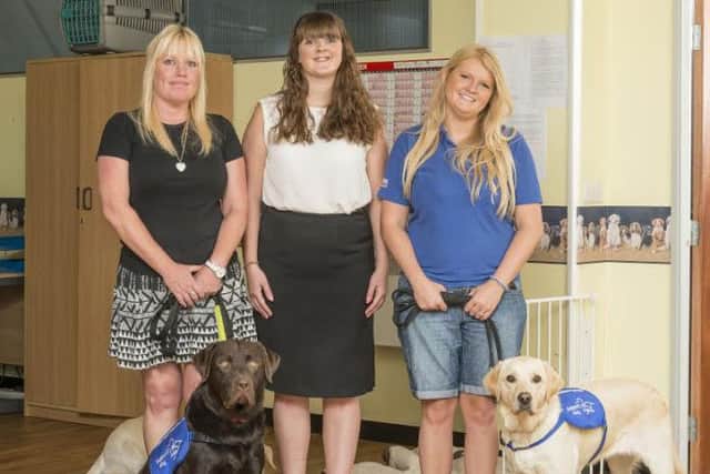 Rita Howson, chief executive of Support Dogs, Kate Drew, international marketing co-ordinator, Karndean Designflooring and Joanne Ellam, trainer from Support Dogs with Rollo and Cassie.