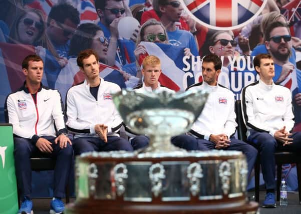 Great Britain's (left to right) captain Leon Smith with team members Andy Murray, Kyle Edmund, James Ward and Jamie Murray. Picture: Andrew Milligan/PA.
