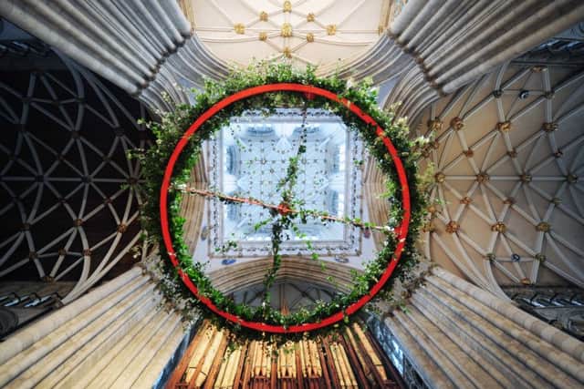One of the largest Advent wreaths in the country is suspended in the central tower of York Minster, marking the start of the cathedrals Advent and Christmas festivities.  Pictures: Jonathan Gawthorpe