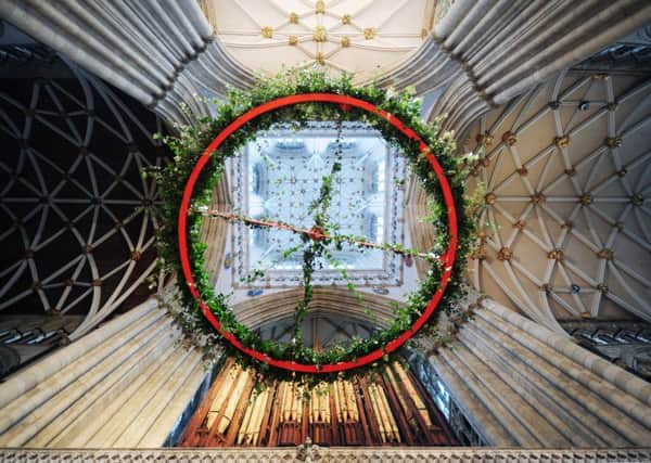 One of the largest Advent wreaths in the country is suspended in the central tower of York Minster, marking the start of the cathedrals Advent and Christmas festivities.  Pictures: Jonathan Gawthorpe