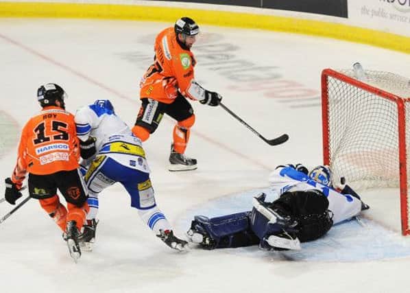 MAGIC MOMENT: COlton Fretter's match-winning goal against Coventry Blaze on Friday night. Picture: Dean Woolley.