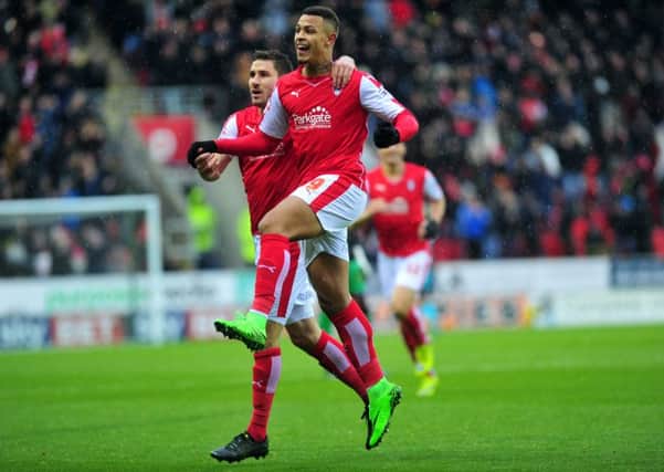 Striker Jonson Clarke-Harris celebrates the first of his two goals for Rotherham United against Bristol City (Picture: Tony Johnson).