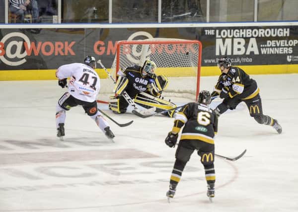 Guillaume Desbiens opens his Steelers' account in the 53rd minute against Nottingham Panthers. Picture supplied by Steelers via Karl Denham.