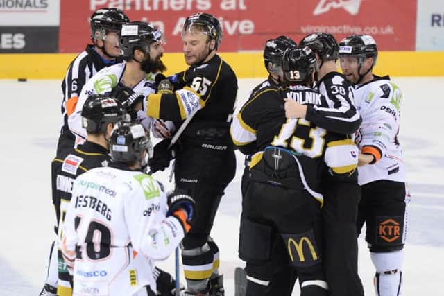 HAVEN@T WE MET BEFORE? Steelers and Panthers players come to blows at the NIC. Picture supplied by Steelers via Karl Denham.