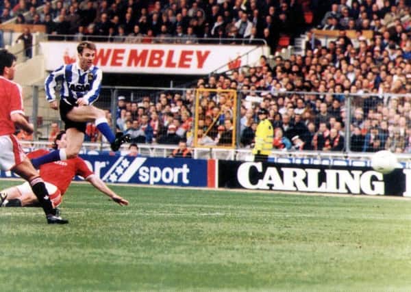 SPECIAL: John Sheridan scores the winner for Sheffield Wednesday in the Rumbelows Cup final against Manchester United back in 1991.