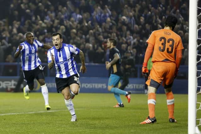 HOW'S THAT FOR STARTERS? Ross Wallace celebrates Sheffield Wednesday's first goal against Arsenal earlier this season.