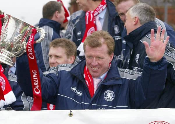 Manager Steve McCLaren with the Carling Cup on an open top bus during a victory parade in March 2004. Middlesbrough defeated Bolton Wanderers 2-1 in the final.